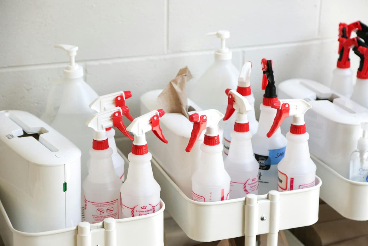 Spray bottles of cleaning products