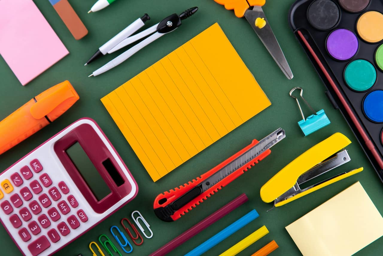 Stationery and office supplies on a desk